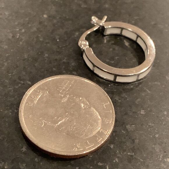 Men’s Faux Opal Inlay Huggies, Small Silver Tone Hoop Earrings - Picture 6 of 7